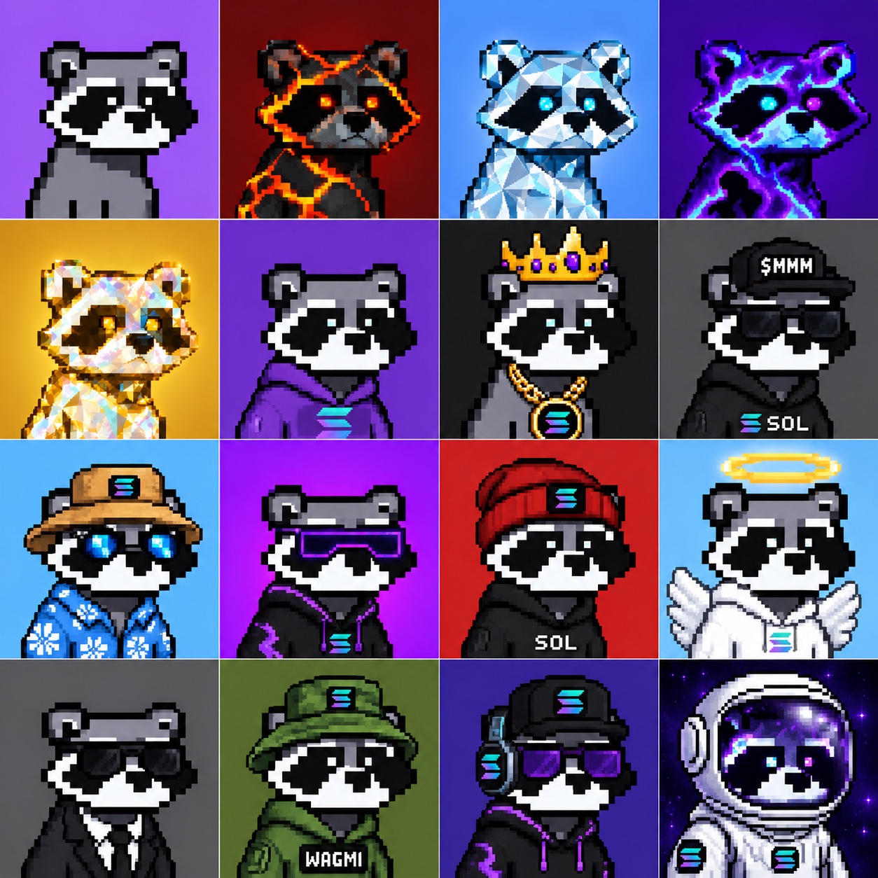 Official 16-piece pixel Raccoonals preview featuring OG, molten, crystal, cosmic, gold, crowned and Solana-trait raccoons